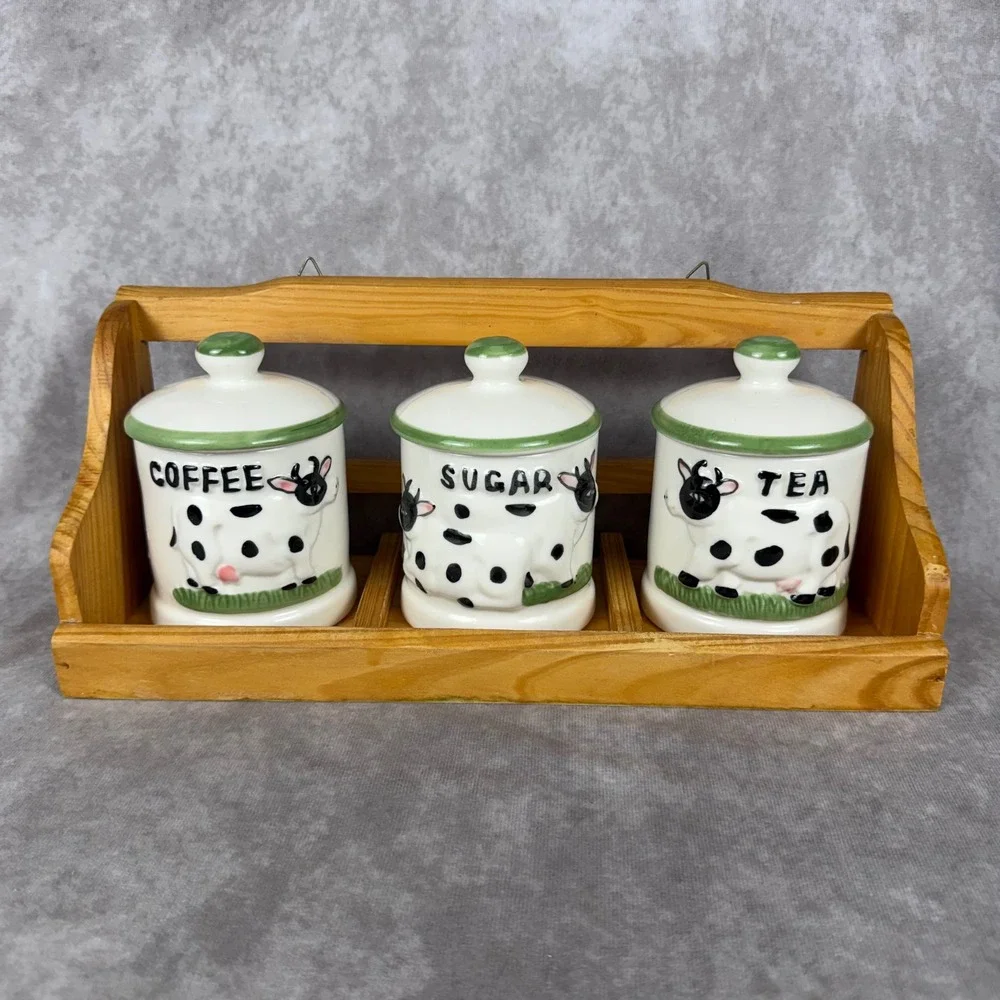 Vtg Casdia Ceramic Cow Canister Set 4Pc Wood Hanging Rack Coffee Sugar Tea Farm